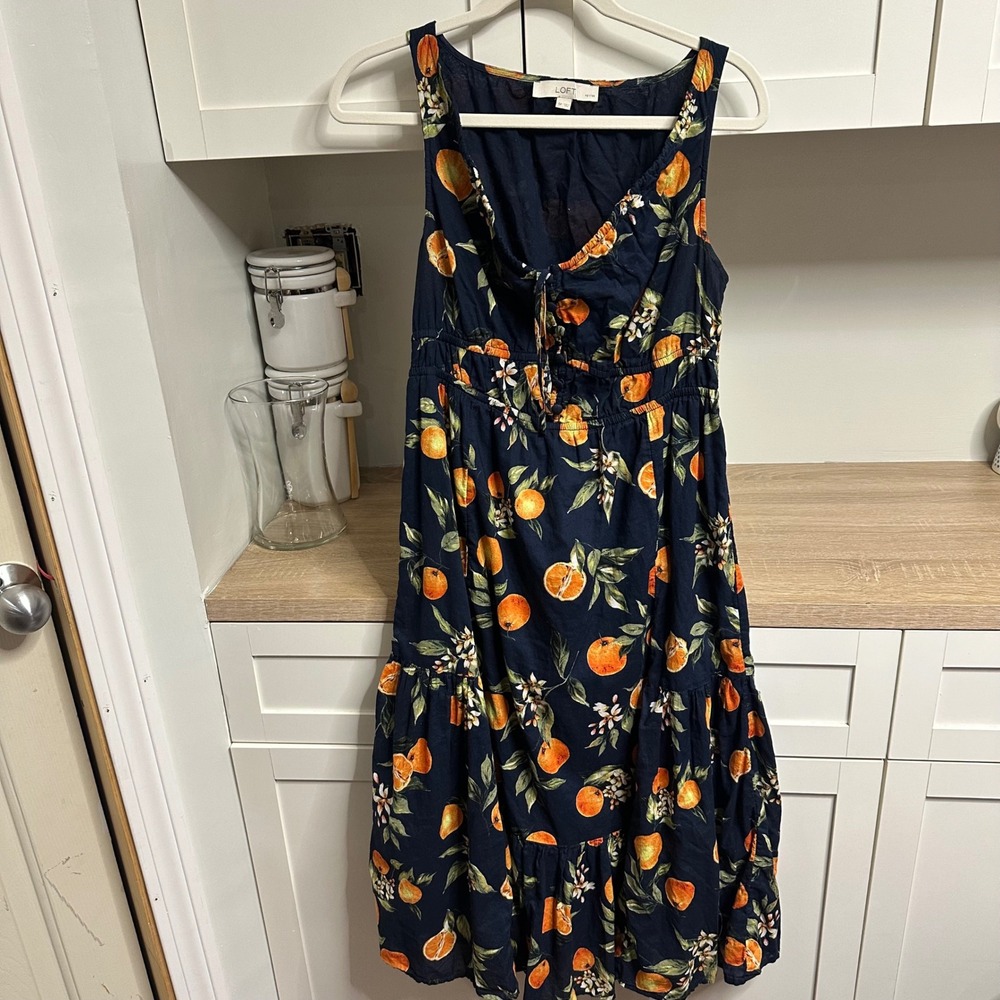 LOFT Orange Harvest Ruffle Tiered Midi Dress 6 Petite Lined Fruit Print Picnic